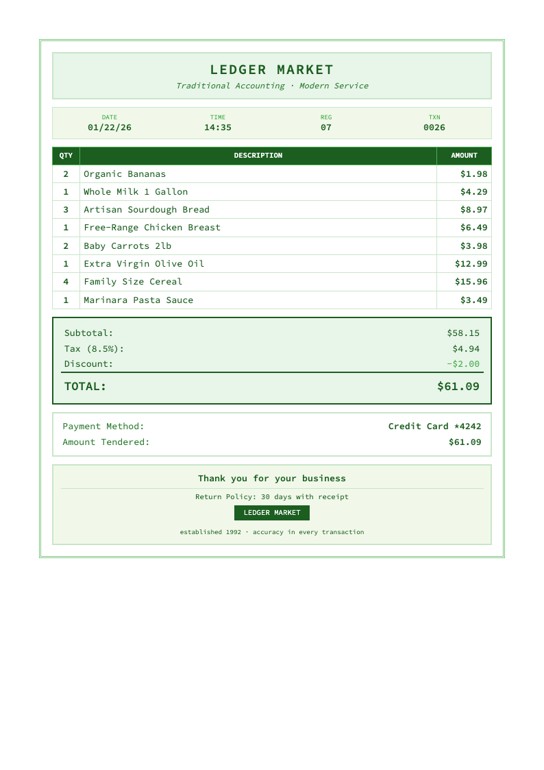 Classic ledger receipt